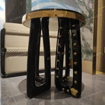 Round Luxury Side Table with Natural Wood Veneer Top, Decorative Inlay Medallion, Gold-Finish Stainless Steel Trim and Sculptural Studded Base